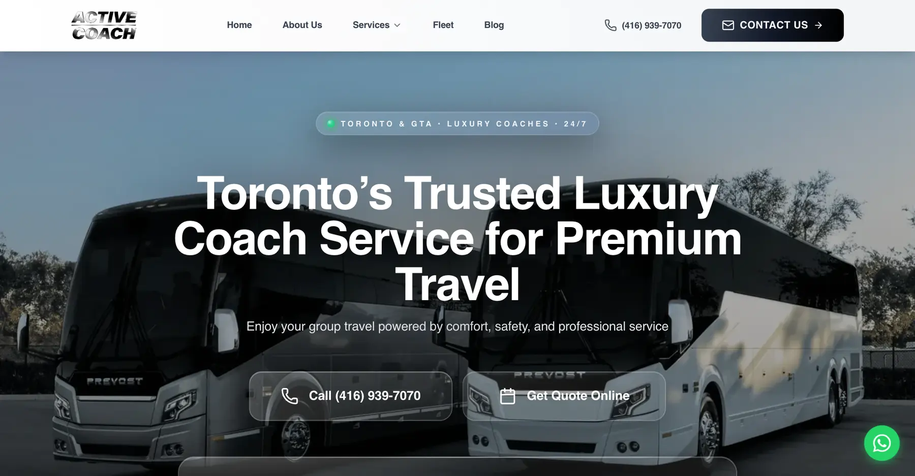 Active Coach home page — Toronto’s Trusted Luxury Coach Service for Premium Travel — over a Prevost coach, with call and online quote buttons