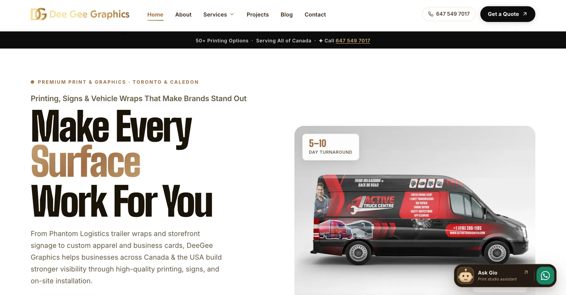 Dee Gee Graphics home page — Make Every Surface Work For You — beside a wrapped delivery van