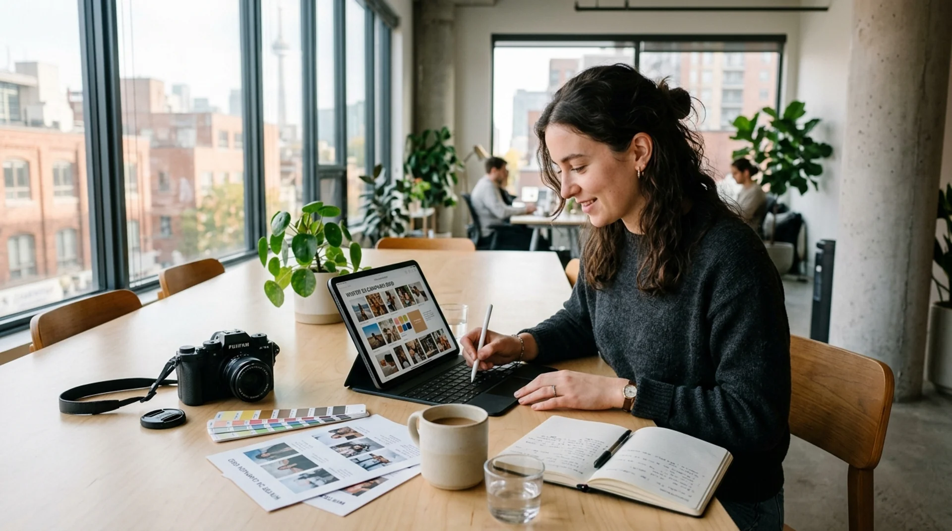 A designer laying out campaign content on a desk