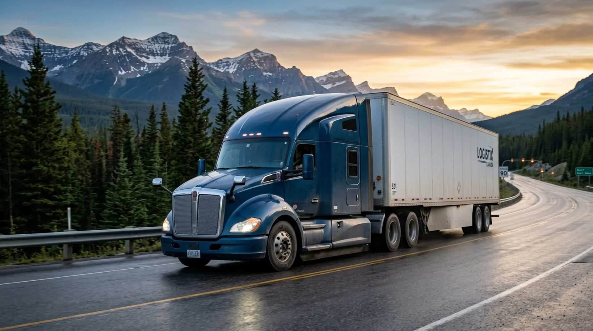 A white semi-truck at a lit loading dock on a wet evening