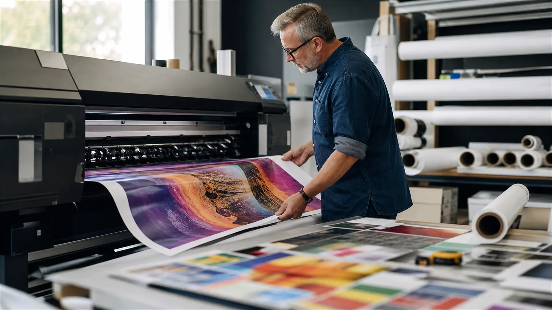 A printer checking a vivid large-format print as it comes off the press