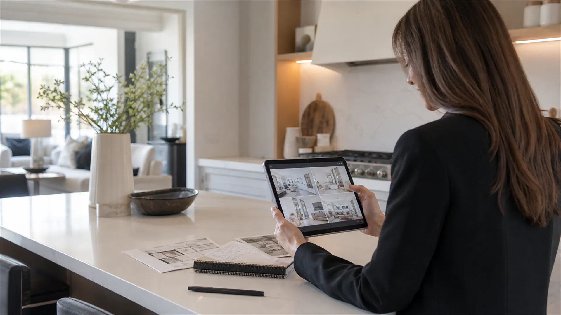 An agent reviewing a property listing on a tablet in a bright modern kitchen