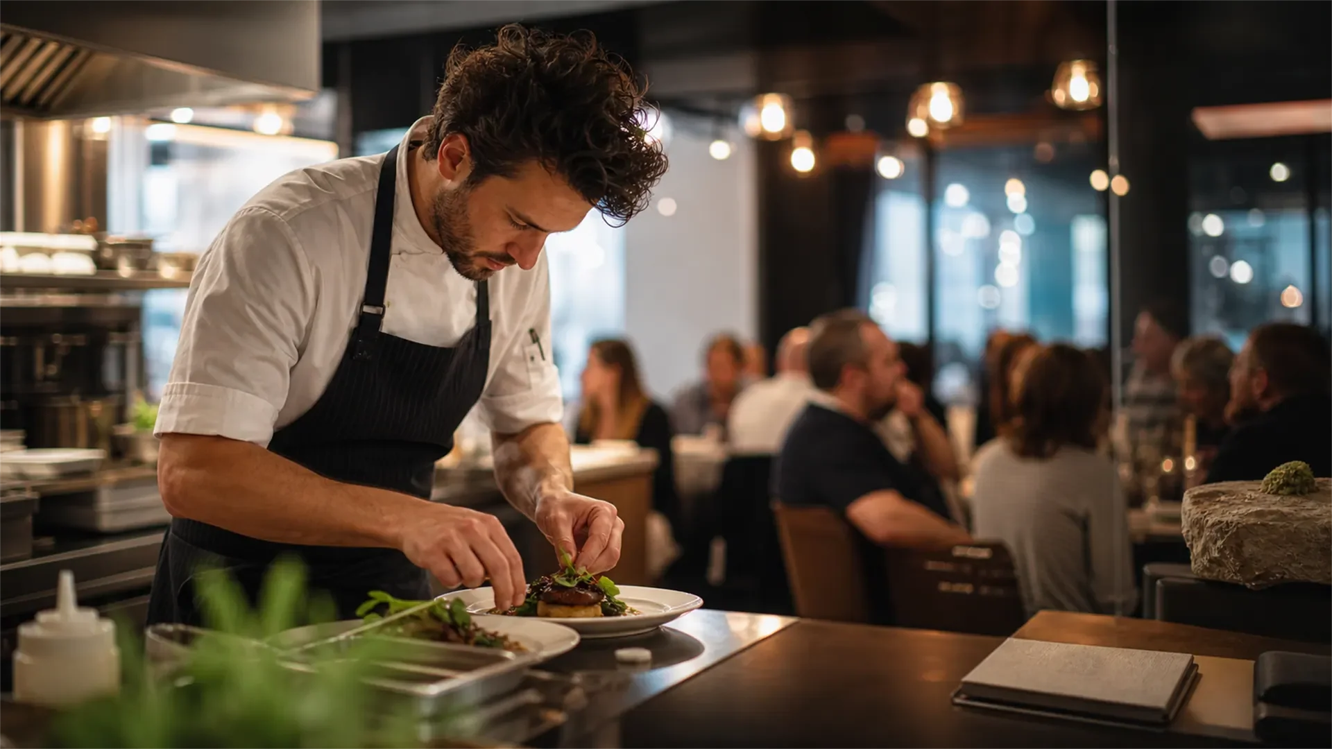 A chef plating a dish at the pass of a busy restaurant