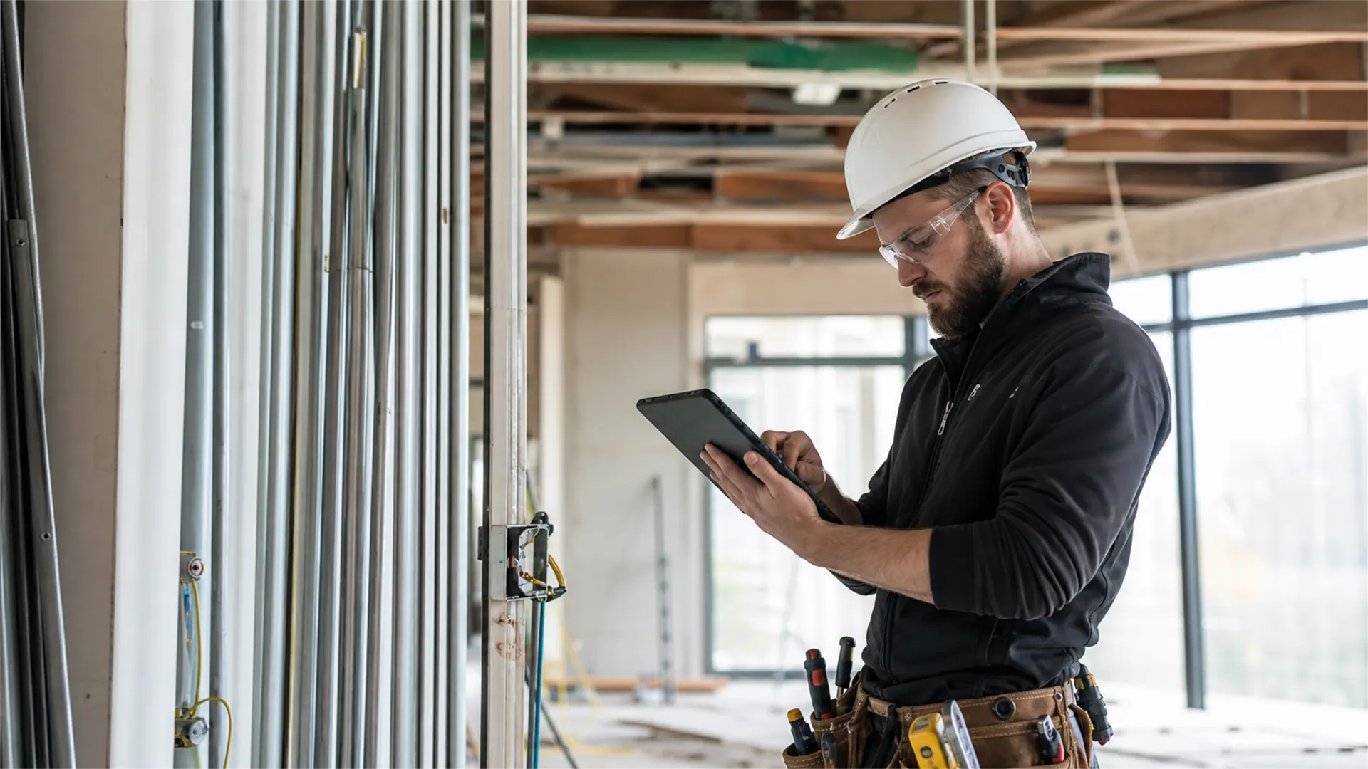 A contractor in a hard hat checking plans on a tablet inside a building under construction